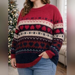 In Every Story Plus Size 1X Red Fair Isle Heart Sweater Cozy Knit Crewneck